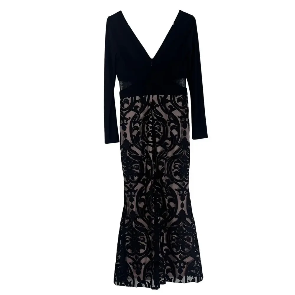 Xscape Black Flocked Mesh Mermaid Gown Long Sleeve Formal Dress 8 - Picture 8 of 9